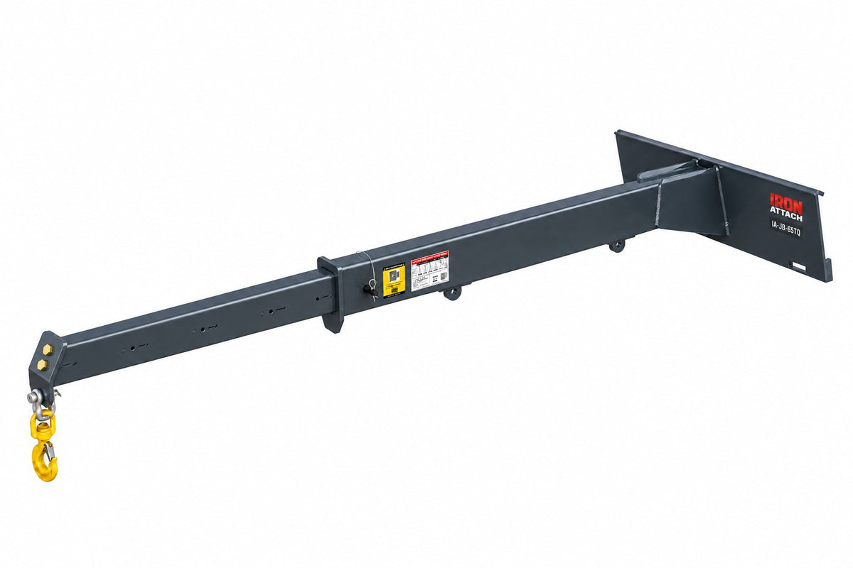 IRON Attach IA-JB-65TQ skid steer jib boom at full 12 ft extension, production-design render