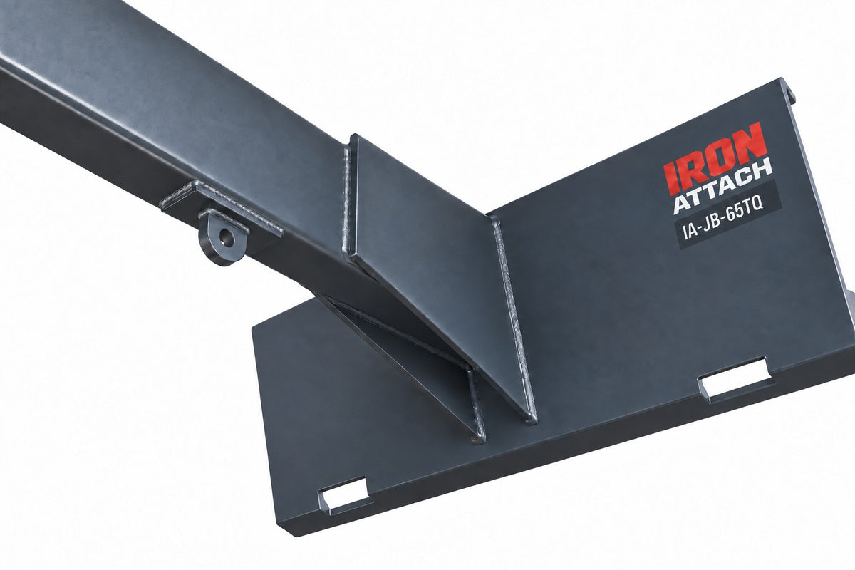 Boom welded into the quick attach plate with side gussets, production-design render