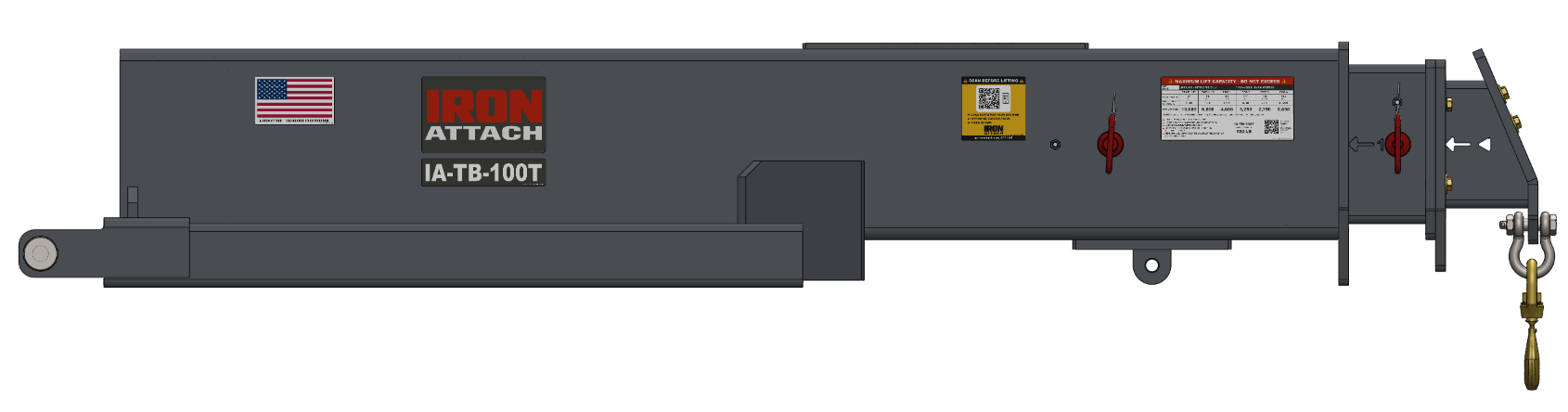 IA-TB-100T truss boom retracted with load chart, QR technical hub label, and lift lug